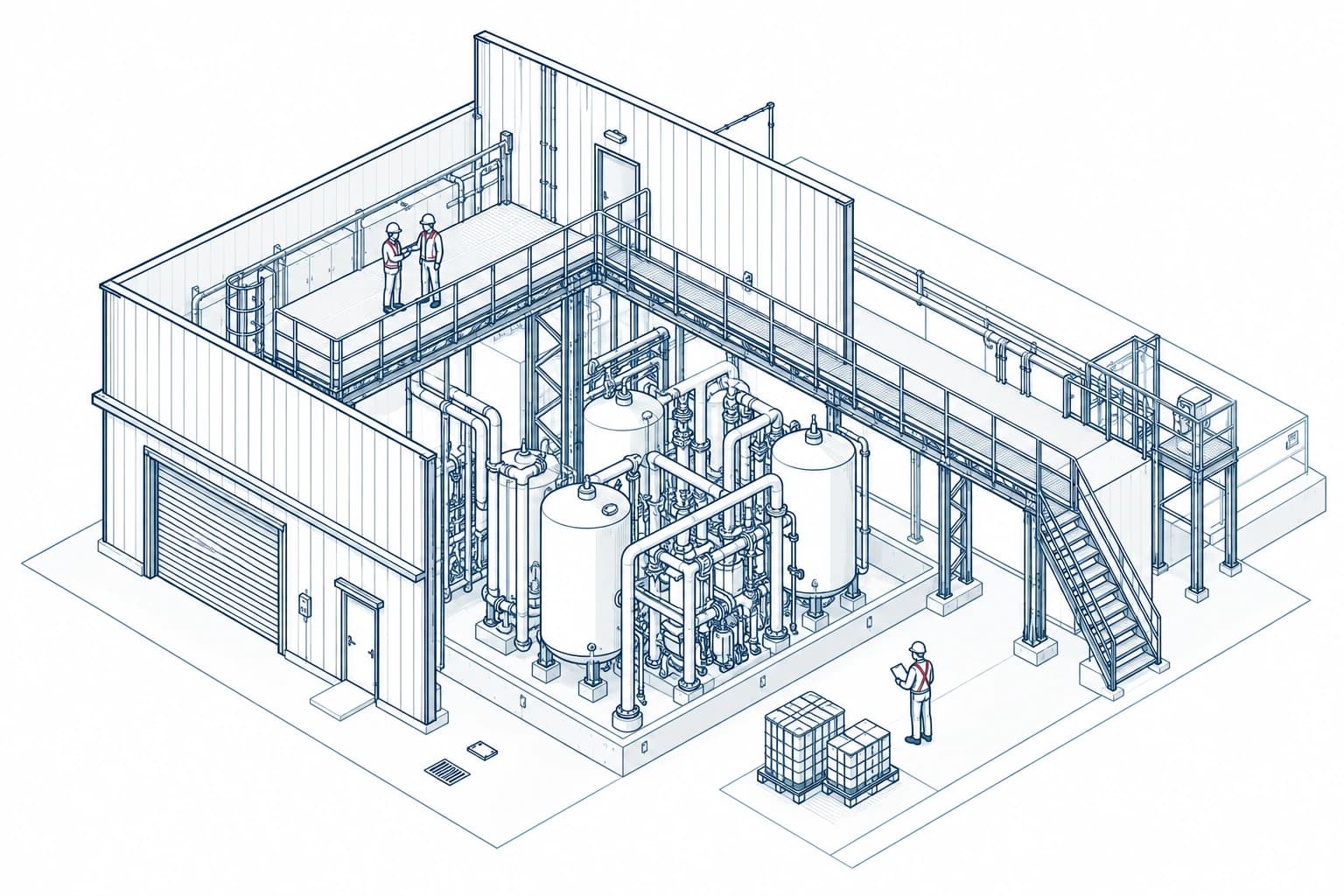 Architecturale illustratie van een industriële werkvloer met HSE-professionals en procesinstallaties.