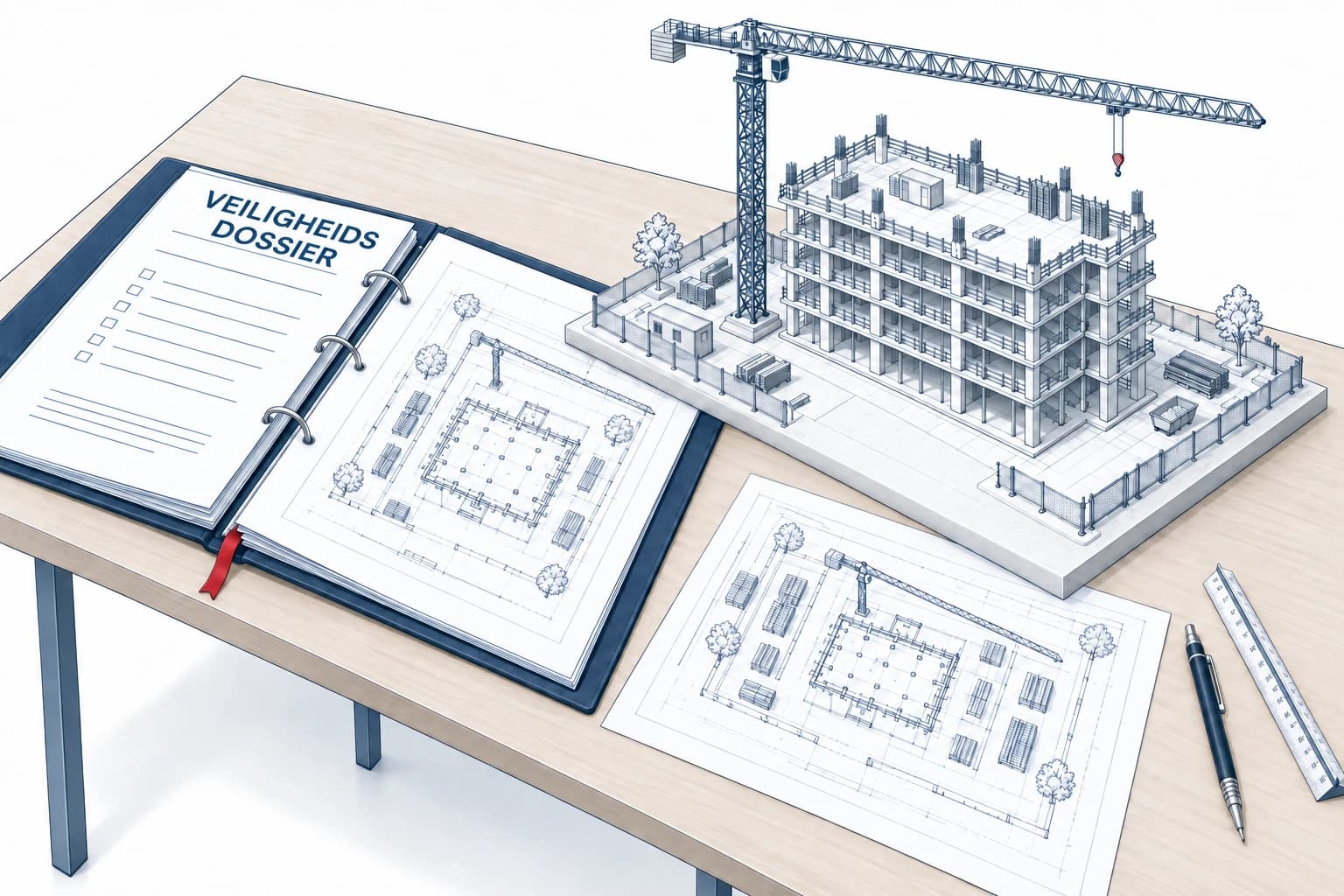 Illustratie van een veiligheidsdossier met tekeningen en een architecturaal schaalmodel van een bouwproject.